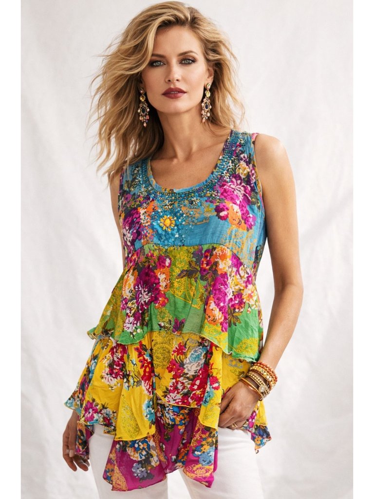 Mix Print Floral Tiered Sleeveless Top Faith L 100% Viscose Boho Artsy Hippie
